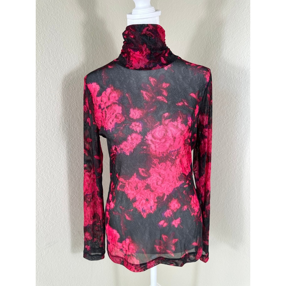White House Black Market Mesh Turtleneck Top Women XS Pink Floral Gothic